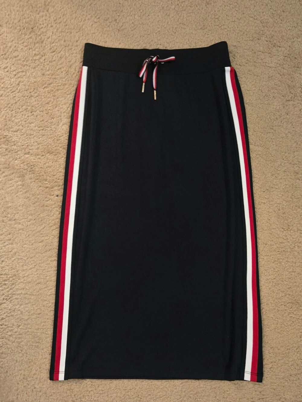 NEW Tommy Hilfiger Navy Midi Skirt with Red/White Side Stripes Sz Small